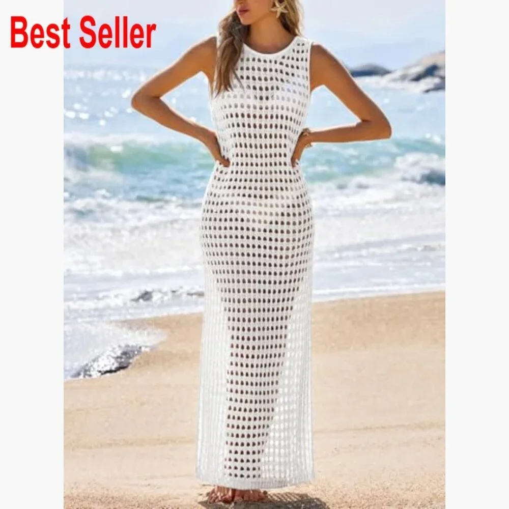 Polyester Crochet Swimsuit Cover Up Reversible Tie Back Hollow Out